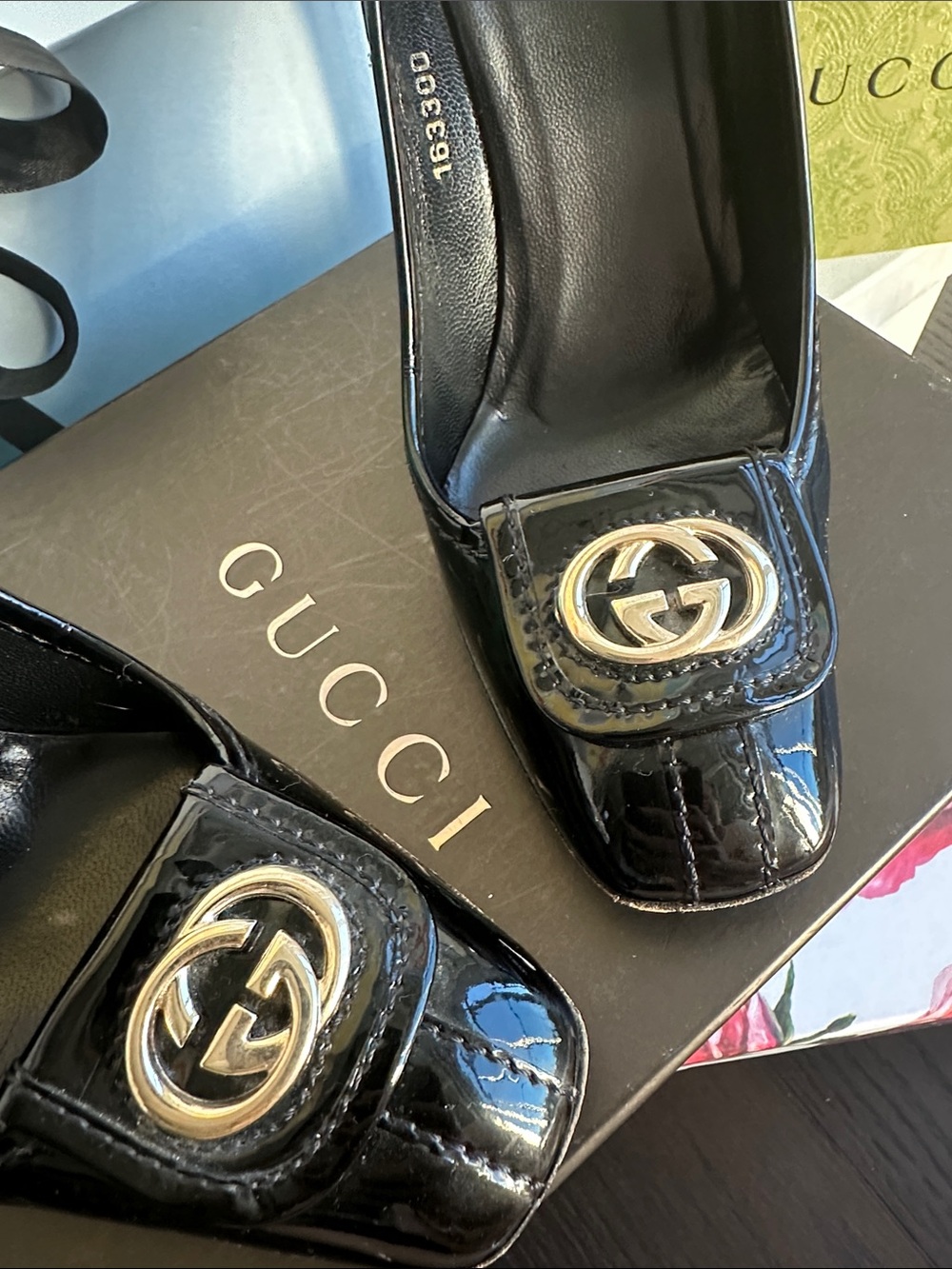 Gucci Black Patent Leather Heeled Loafers with Gold GG Emblem